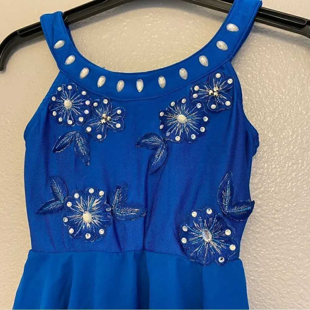 Glamour dance costume blue bedazzled rhinestones sequin dress-child S/MC
